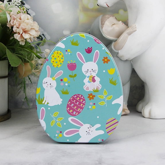 Easter Candy Box, Easter Egg Tin Box, Easter Candy Tin with Lid,Egg Shaped Bunny Printed Box, Tinplate Empty Cake Tin, Decorative Wrapping Chocolate Canister Treats Container for Easter Party