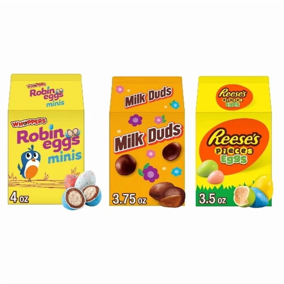 Easter Candy Carton 3 Pack bundle, Whoppers Robin Eggs, Reeses Pieces Eggs, Milk Duds, 3.5-4 oz each