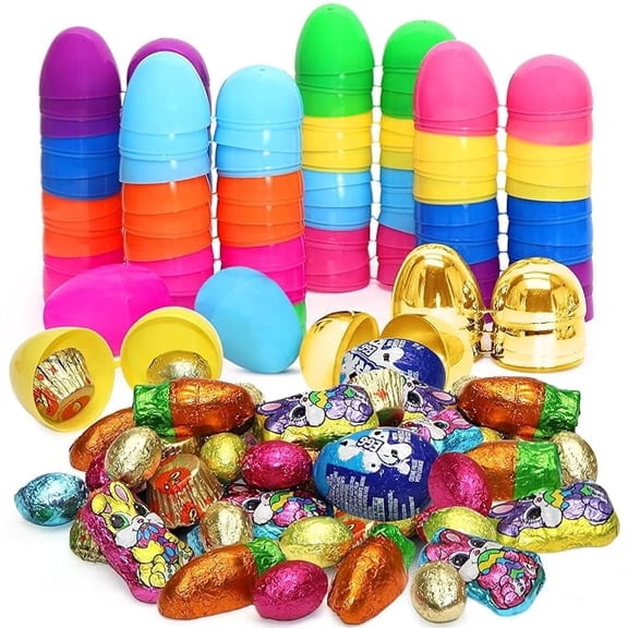 Easter Candy with Fillable Plastic Easter Eggs Bundle - Bulk Pack of 52 Plastic Easter Eggs with Assorted Chocolate Candy for Filling
