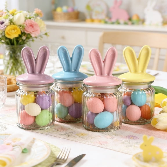 Easter Candy Jars 4 Pack Glass Bunny Eggs Chick Design Transparent Storage for Treats Cookies Nuts Gift Box Holiday Decor Kitchen Canister High Quality Durable and Festive Centerpiece All Ages Gift