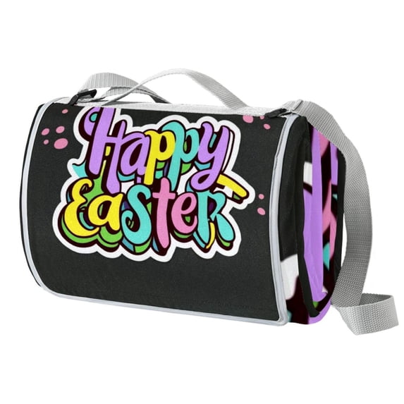 Easter Canvas Picnic Mat Waterproof Foldable Portable Outdoor Beach Blanket Sandproof 60"x80" Blue and White Striped Pattern