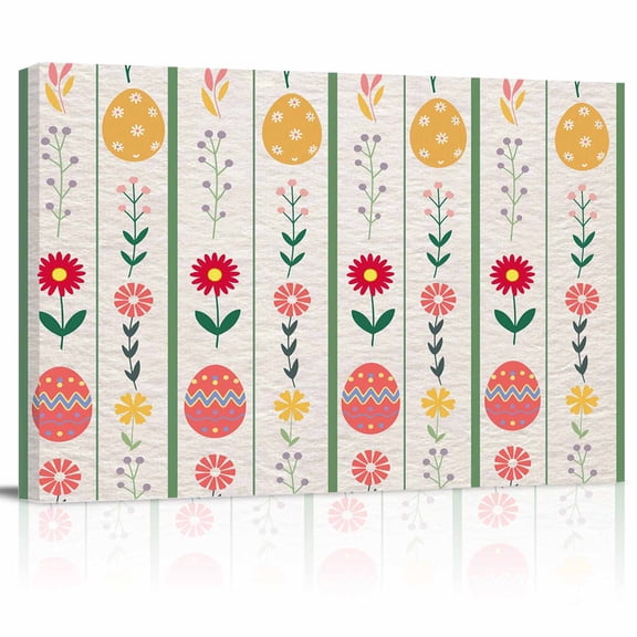 Easter Canvas Print Wall Art Spring Floral Eggs Leaf Green Stripes Linen Texture Pictures Painting Morden Artwork for Living Room Bedroom, Ready to Hang - 12"x16"