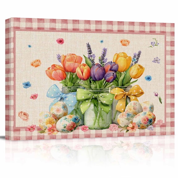 Easter Canvas Print Wall Art Spring Watercolor Floral Vases Eggs Pink Plaid Linen Texture Pictures Painting Morden Artwork for Living Room Bedroom, Ready to Hang - 12"x16"