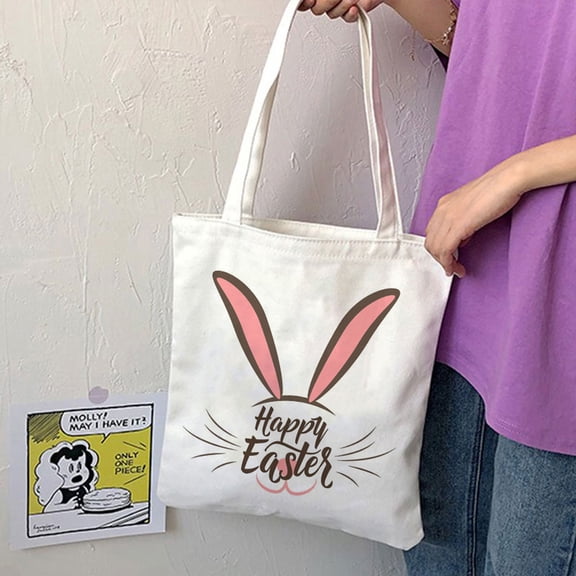 Easter Canvas Tote Bag Large Capacity Bunny Basket Storage Bag Reusable Shopping Gift Bag Lightweight Carry Tote for Easter Egg Hunt Party Home Daily Use Nursery Decoration Travel Storage