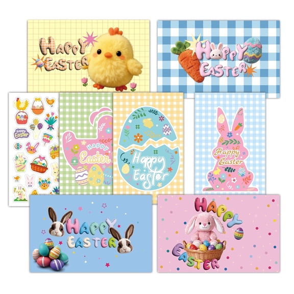 PMHZI Easter Cards for Kids - 12 Greeting Cards with Envelopes & 20+ Stickers, Large 5.9"x7.48", Cute Cartoon Designs, Horizontal & Vertical