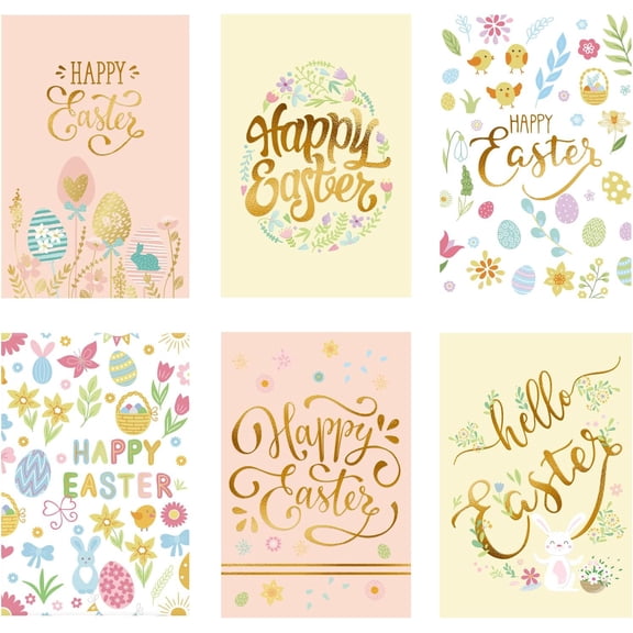 "Easter Cards Kit with Envelope Gold Foil Colorful Greeting Cards in 6 Designs Easter Eggs Note Card for Classroom Exchange Easter Party Supplies, 4''x6''