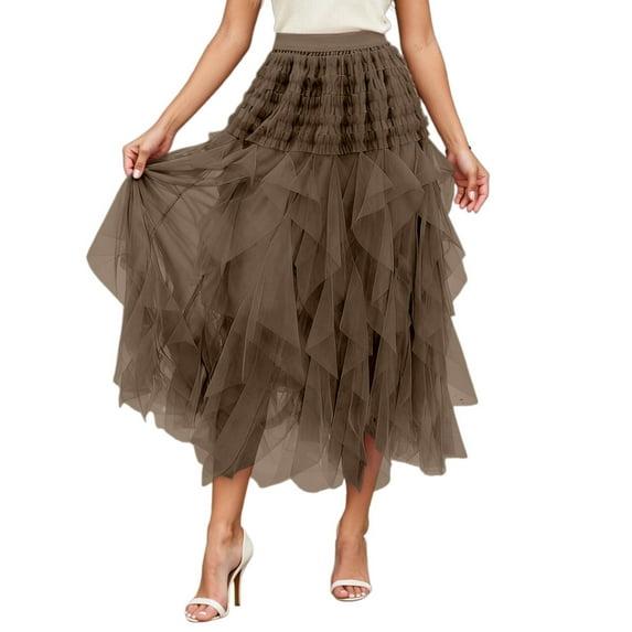 Easter Carnival High Waist Elegant Party Wear Flowy Mesh Skirt With Asymmetrical Hem Tiered Midi Length A Line Layered Peplum Fashion For Women