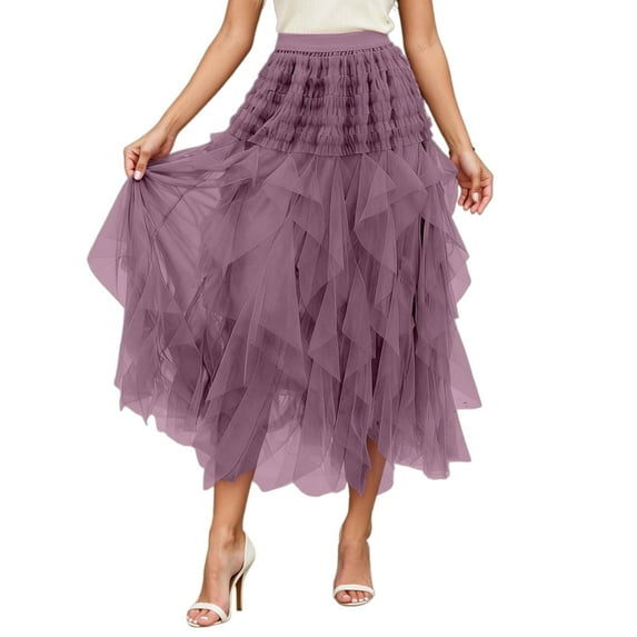 Easter Carnival High Waist Elegant Party Wear Flowy Mesh Skirt With Asymmetrical Hem Tiered Midi Length A Line Layered Peplum Fashion For Women