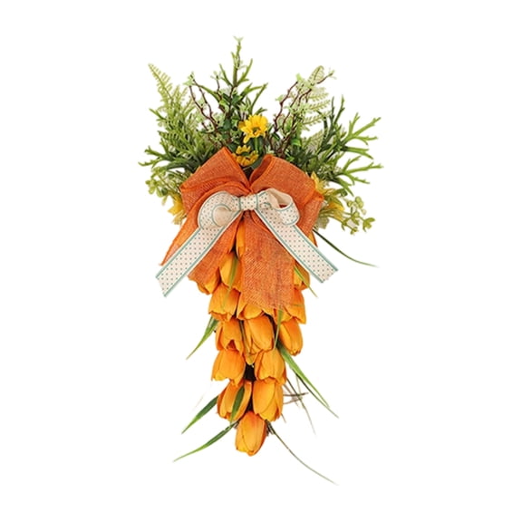 Easter Carrot Bow Wreath – Fabric Front Door Hanger with Multicolor Bows, Spring Wall Decoration for Porch, Entryway, Home, Party, or Wedding