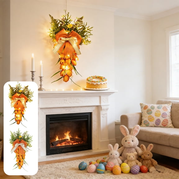 Easter Carrot Bows Wreath 17.7in Multicolor Cloth Door Hanger Front Door or Wall Decoration Spring Festival Decor Easy Install, Reusable, Durable