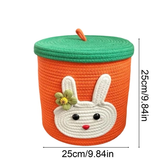 Easter Carrot Bunny Storage Basket, 9.84in Hand-Woven Cotton Rope Basket with Lid | for Easter Egg Storage, Home Decor, Gift & Toy Organizer | 25×25cm