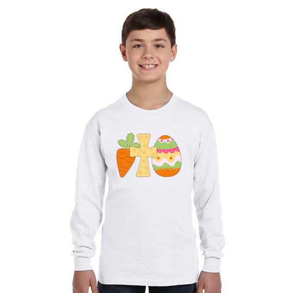 Easter Carrot Cross Eggs Long Sleeve Shirts for Kids - Youth XS S M L XL - Happy Easter Holiday Christian Tee for Boys for Girls