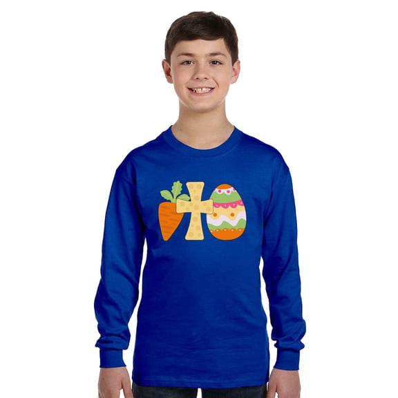 Easter Carrot Cross Eggs Long Sleeve Shirts for Kids - Youth XS S M L XL - Happy Easter Holiday Christian Tee for Boys for Girls