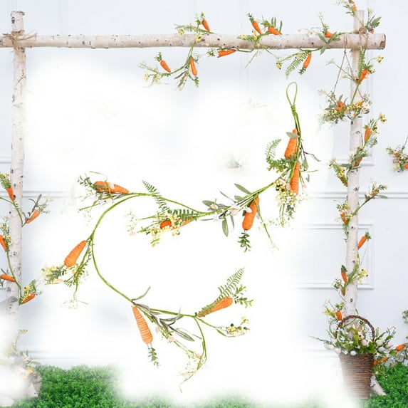 Easter Carrot Garland - 60Inch Long Faux Carrot Vine With Greenery, Artificial Carrot String For Easter Decor, Spring Home Decoration, Table Runner, Mantel, Wall, Door, Festival