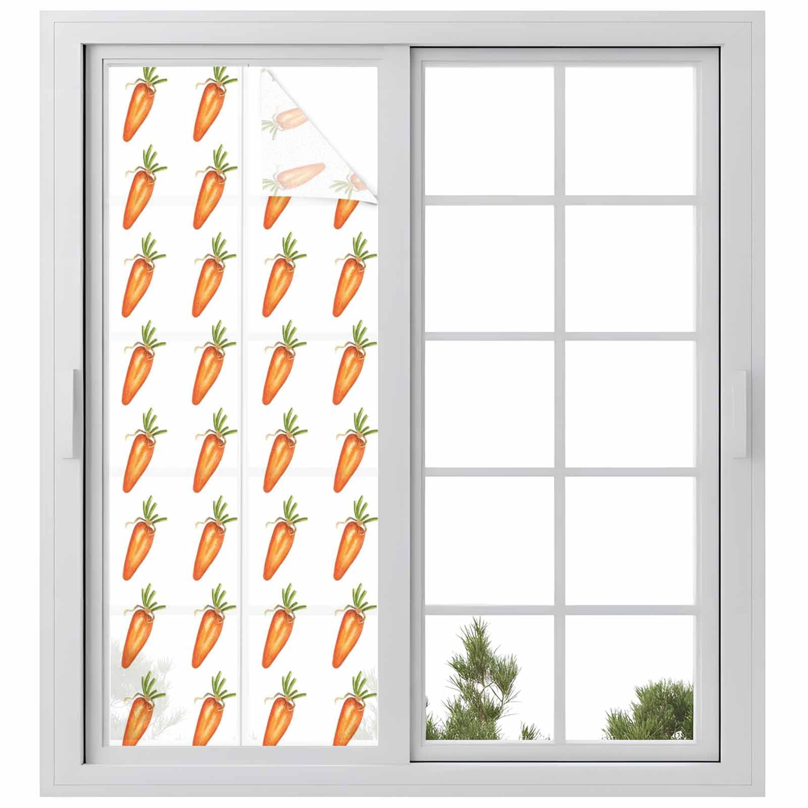 Easter Carrot Window Privacy Film, Vintage Oil Painting Country Orange Carrots Plant Frosted Glass Window Clings Static Cling UV Heat Blocking Reusable Door Sticker for Bathroom 23.6 x 59 Inch