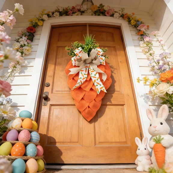 Easter Carrot Wreath, 50cm Spring Front Door Decor, Orange Fabric Carrot-Shaped Hanging Ornament with Bow & Greenery, Farmhouse Style Easter Decoration for Home, Porch & Party