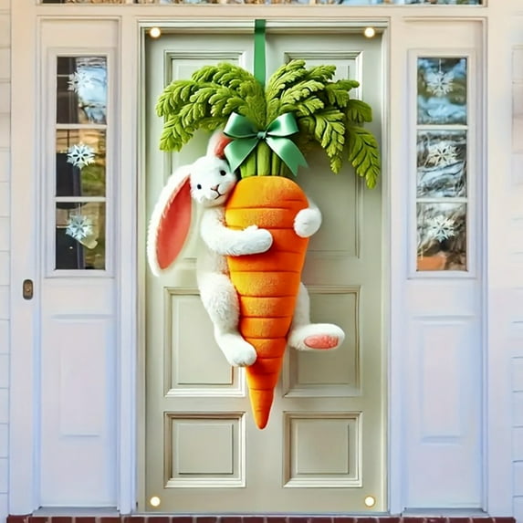 Easter Carrot Wreath Decoration For Front Carrot Door Wreath Sign Easter Wall Signs Decorations For Home Porch Spring Farmhouse Party Decor Easter Themed Door Flag With Easter Bunny(White) Easter Dec