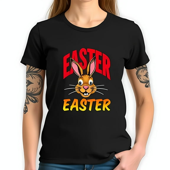 Easter Cartoon Cotton Short Sleeve T-Shirt - Vibrant Red & Yellow Design with Playful Face & Edgy Contrast