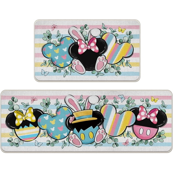 Easter Cartoon Mouse Kitchen Rugs Set of 2, Bunny Ears Eucalyptus Leaves Butterfly Kitchen Mats Decor, Colorful Stripes Bow Floor Door Mat Home Decorations -17x29 and 17x47 Inch