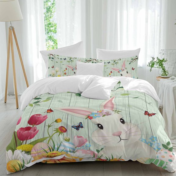 Easter Cartoon Rabbits Full Size Comforter Set, Spring Flowers Leaf Branches Green Bedding for All Seasons, 4 Pcs Bed Set, 1Quiltcover (86"x86") ,1Sheet(80"x116"), 2Pillowcases (30"x20")