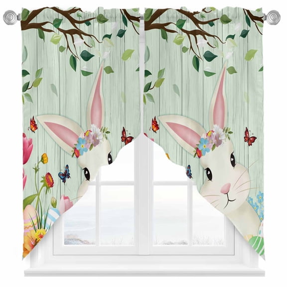 Easter Cartoon Rabbits Swag Kitchen Curtain Valances, Spring Flowers Leaf Branches Green Rod Pocket Curtains Window Treatment Decor Valances for Bedroom Bathroom, 2 Panels 36 x 63 Inch