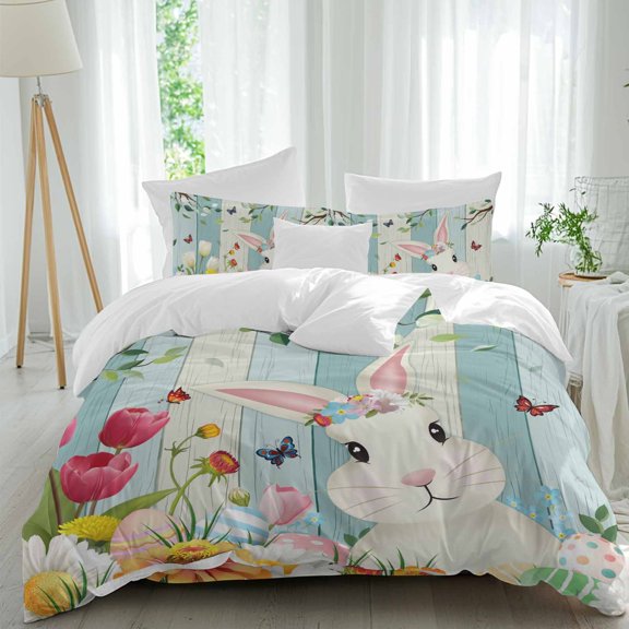 Easter Cartoon Rabbits Twin Size Comforter Set, Spring Flowers Leaf Branches Teal Beige Bedding for All Seasons, 4 Pcs Bed Set, 1 Quiltcover (68"x86") ,1Sheet(67"x116"), 2Pillowcases (30"x20")