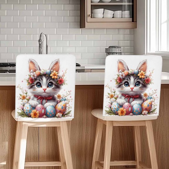 Easter Cat Chair Back Cover for Dining Room Set of 6,Cute Spring Flower Cartoon Eggs Boho Botanical Removable Kitchen Chair Slipcovers,Washable Seat Protector for Restaurant Party Banquet Wedding