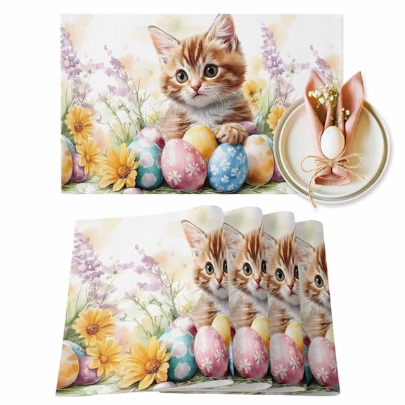 Easter Cat Placemats Set of 1, Watercolor Pink Blue Yellow Egg Spring Yellow Purple Floral Heat Insulated Linen Place Mats, Washable Stain-Proof Table Mats for Dining Table Holiday Decor 13x19 Inches