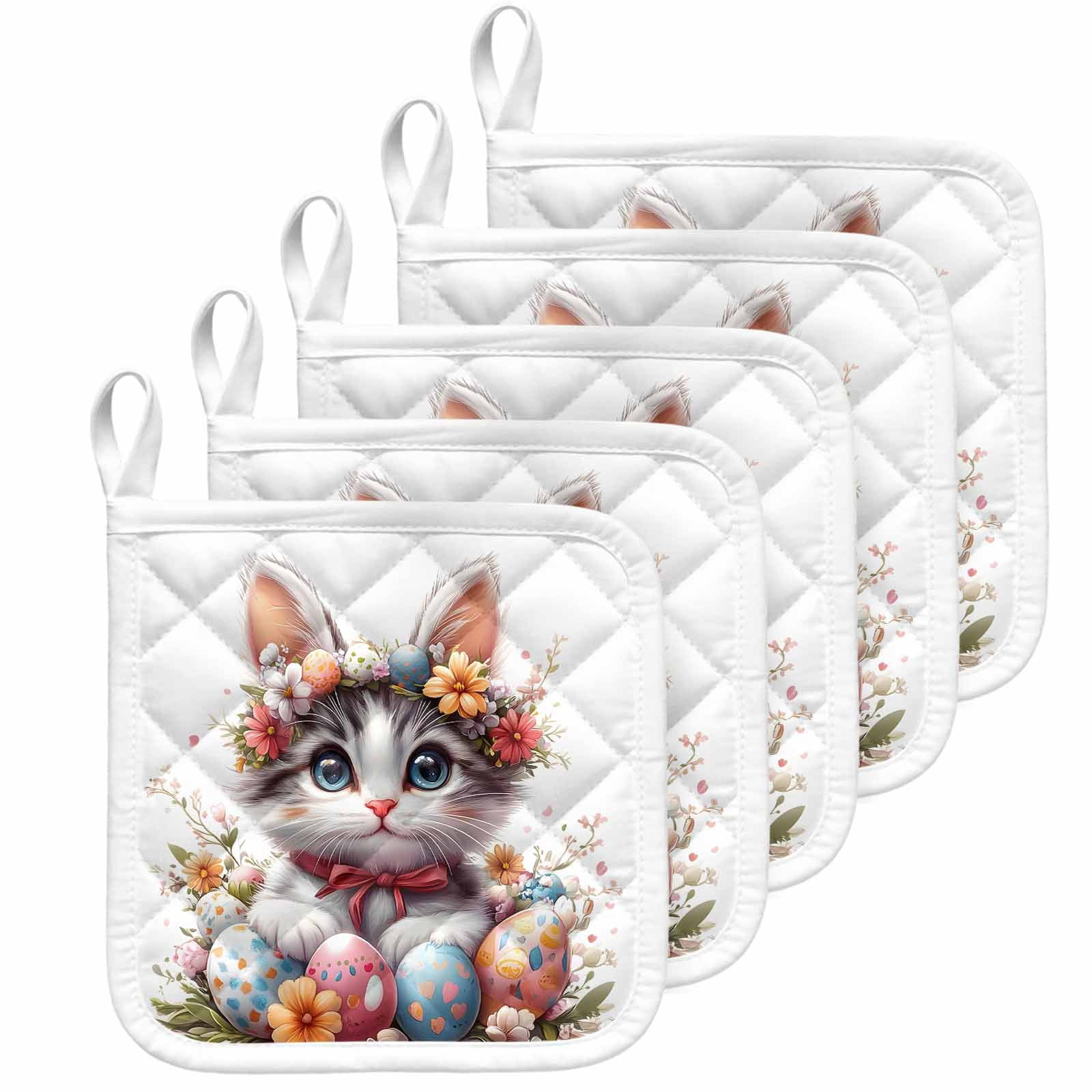 Easter Cat Pot Holders for Kitchen Heatproof Potholder, 5 Pack Cute Spring Flower Cartoon Eggs Boho Botanical Hot Pads Multipurpose Oven Pads Cloth Potholders Trivet for Cooking Baking
