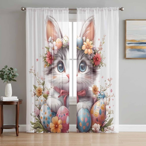 Easter Cat Semi Sheer Curtains 84 Inch Length 2 Panels Set, Cute Spring Flower Cartoon Eggs Boho Botanical Sheer Kitchen Curtain Privacy Voile Window Curtain for Living Room Bedroom Rod Pocket Drapes