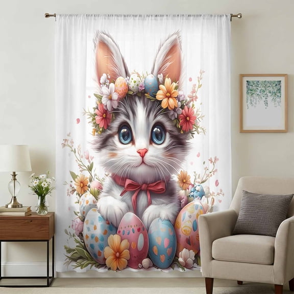 Easter Cat Sheer Curtains 63 Inches Long, Cute Spring Flower Cartoon Eggs Boho Botanical Light Filering Curtains, Breathable Simi Curtain Privacy Drapes for Living Room Lightweight Window Treatment