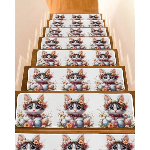 Easter Cat Stair Treads for Wooden Steps Indoor Runner Rug Carpet,Cute Spring Flower Cartoon Eggs Boho Botanical 10 Pieces Peel and Stick Staircase Step Treads Covers Washable Throw Door Mats,30"x8"