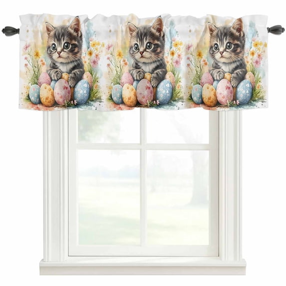 Easter Cat Valances for Windows Watercolor Pink Blue Yellow Eggs Spring Colorful Floral Rod Pocket Curtain Valance Window Treatment Short Curtains for Kitchen Living Room, 42"x18"