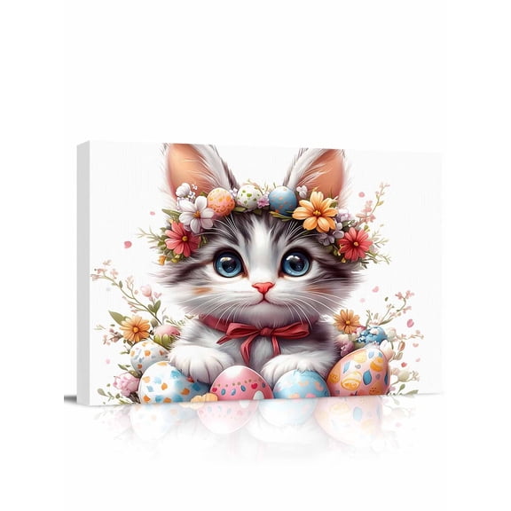 Easter Cat Wall Art for Living Room,Canvas Picture Wall Decor for Bathroom Bedroom,Cute Spring Flower Cartoon Eggs Boho Botanical Painting Artwork for Office Kitchen Hallway Dining Room Decor 12"x16"