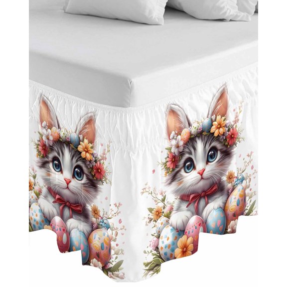 Easter Cat Wrap Around Bed Skirts for California King Bed 18" Drop,Bed Skirt with Adjustable Elastic Belt Dust Ruffle Bed Valance Cute Spring Flower Cartoon Eggs Boho Botanical Bed Frame Cover