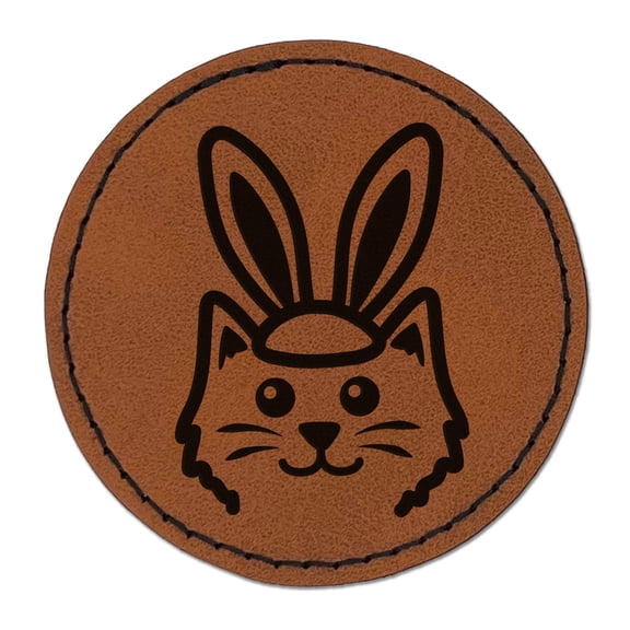 Easter Cat with Bunny Ears 2.5" Faux Leather Round Engraved Iron-On Patch - Brown