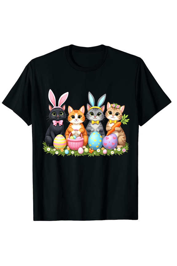 Easter Cats Bunny Ears Eggs Basket Cute Kittens Spring Animal Lover Short Sleeve T-Shirt for Women Men Novelty Gift