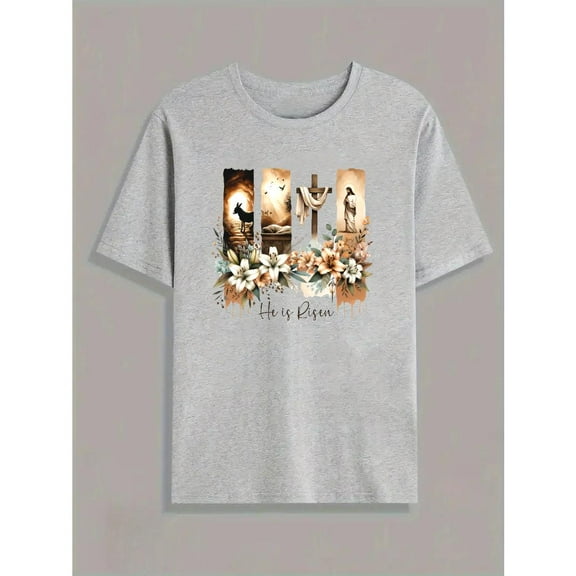 Easter Celebration Graphic Tees "He Is Risen" Christian Print T Shirts Cross Design Pattern Tops for Men & Women Daily Outfits,S-5XL