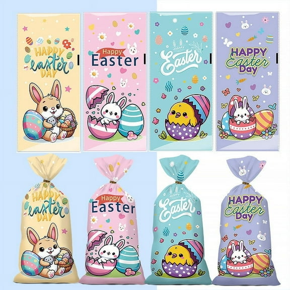 Easter Cellophane Bags,Plastic Treat Favor Bags withTwisted Ties, Easter Treat Bags Bunny Candy Cellophane Bag ,Easter Egg Goodie Cooikes Gift for Snacks Cookies Candy Packing, Party Favor Supplies