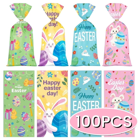 Easter Cellophane Bags Treat Bags with Ties Bunny Egg Candy Cookie Goody Bags Gift Bags for Easter Day Party Supplies 100Pcs Design3