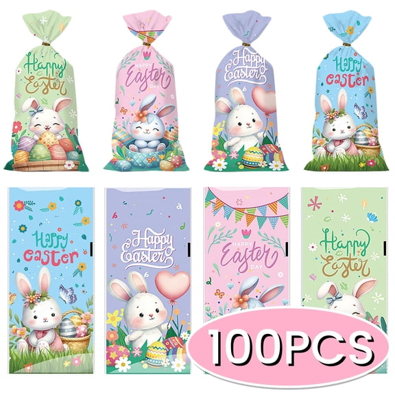 Easter Cellophane Bags Treat Bags with Ties Bunny Egg Candy Cookie Goody Bags Gift Bags for Easter Day Party Supplies 100Pcs Design4