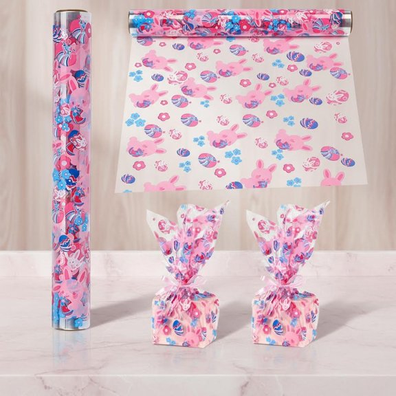Easter Cellophane Wrap Roll - Cello Wrapping Paper for Gift Baskets, Treats-Bunny Design & Eggs Cellophane.