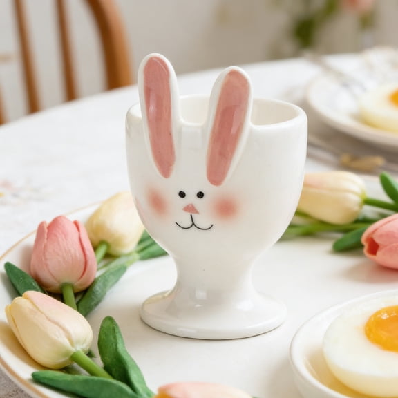 Easter Ceramic Bunny Egg Cups, Cute Rabbit Egg Holders for Breakfast Table, Spring Home Decorations, Party Favors & Holiday Tableware