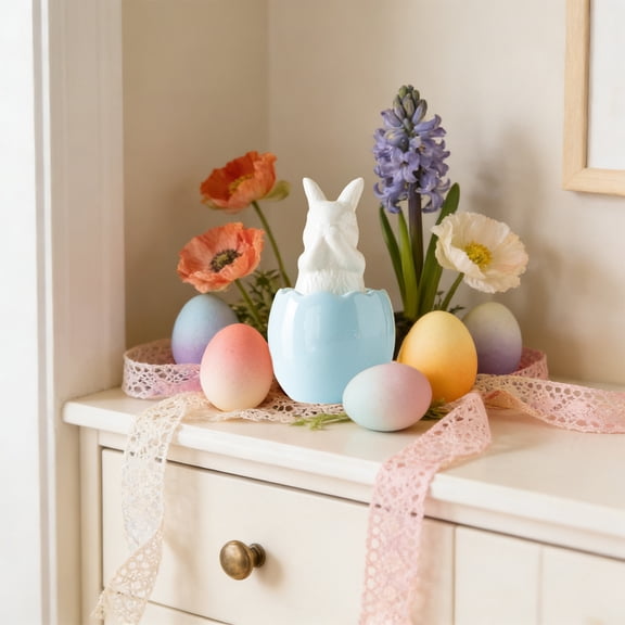 Easter Ceramic Bunny Egg Ornaments - Cute Rabbit Figurines for Home, Table & Shelf Decoration, Perfect Easter Party Favors & Spring Holiday Decor Accents, Adorable Festive Home Decor, 2*4in, Blue-C