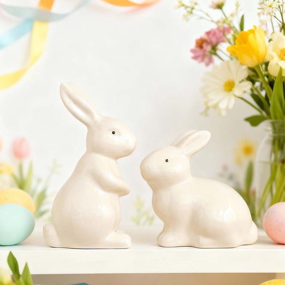 Easter Ceramic Bunny Figurine Cute Pink White Rabbit Tabletop Decor for Spring Home Party Display 1PC