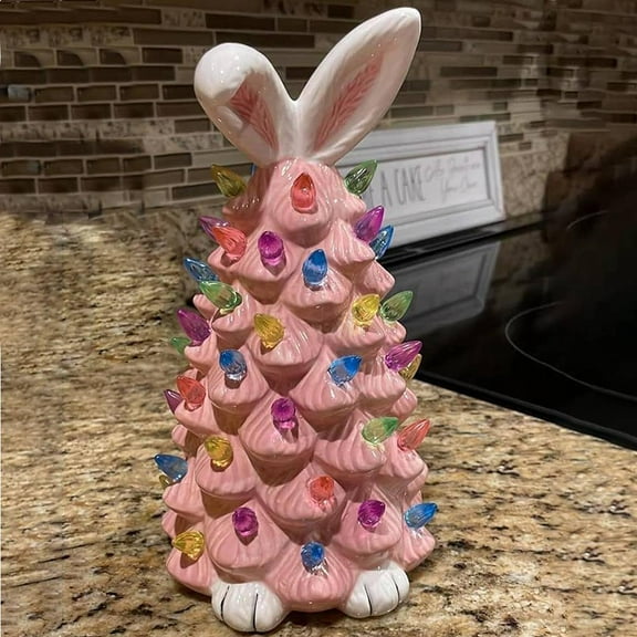 Easter Ceramic Bunny Tree – Light-Up Pink Rabbit Decoration for Indoor Spring Home, Office & Tabletop Décor