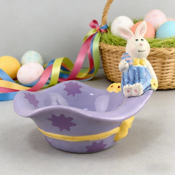 Easter Ceramic Candy Bowl with Hat Rabbits, Adorable Bunny Rabbit Serving Dish for Treats, Chocolates, or Snacks, Festive Holiday Table Decor for Home or Gift
