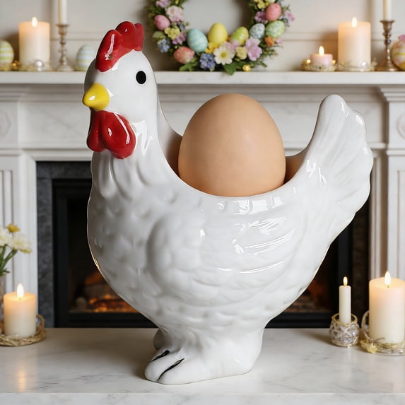 Easter Ceramic Chicken Shape Egg Holders Spring Home Decor Farmhouse Kitchen Countertop Table Centerpiece Ornament Rustic Hen Figurine Holiday Party Favor Display Living Room Shelf Accent