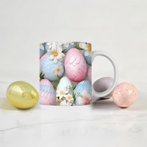 Easter Ceramic Coffee Mug 12oz/350ml - Rabbit & Egg Holiday Design, Microwave & Dishwasher Safe Tea Cup, Unique Gift for Home/Office Use (Festive Decor) D