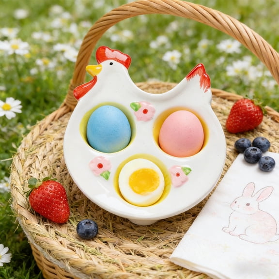 Easter Ceramic Egg Holder Bunny Style Decorative Tray Ceramic Storage Stand Tabletop Ornament Egg Display Home Kitchen Dining Table Mantel Shelf Spring Decor Accent